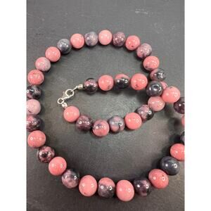 NEW Dead stock Rhodonite beaded necklace with sterling silver clasp